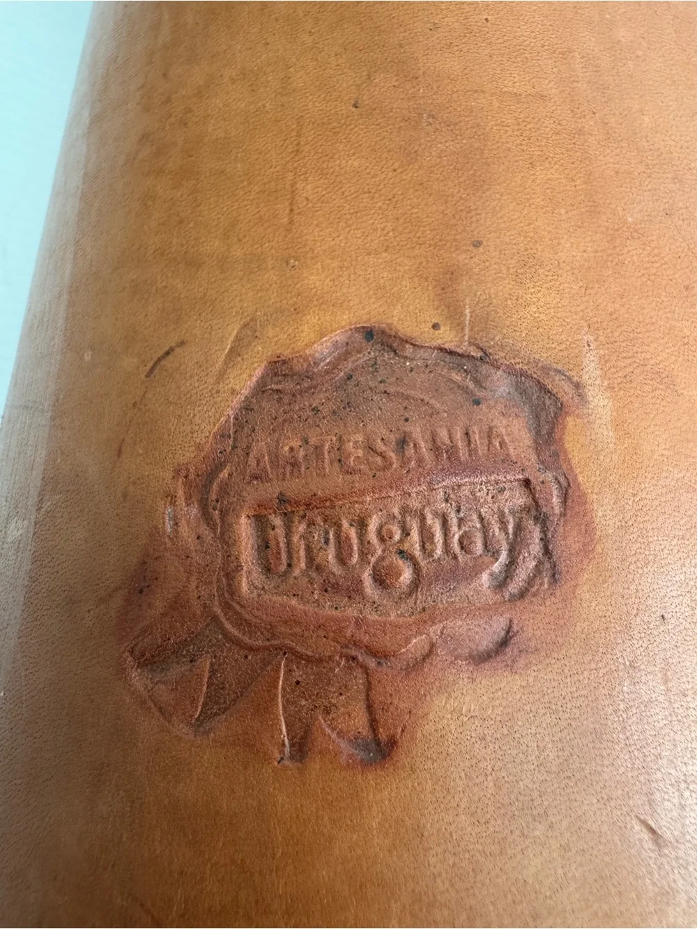 VTG Artesania Uruguay Tooled Leather Thermos Bottle Case Carrier Cross Stitch